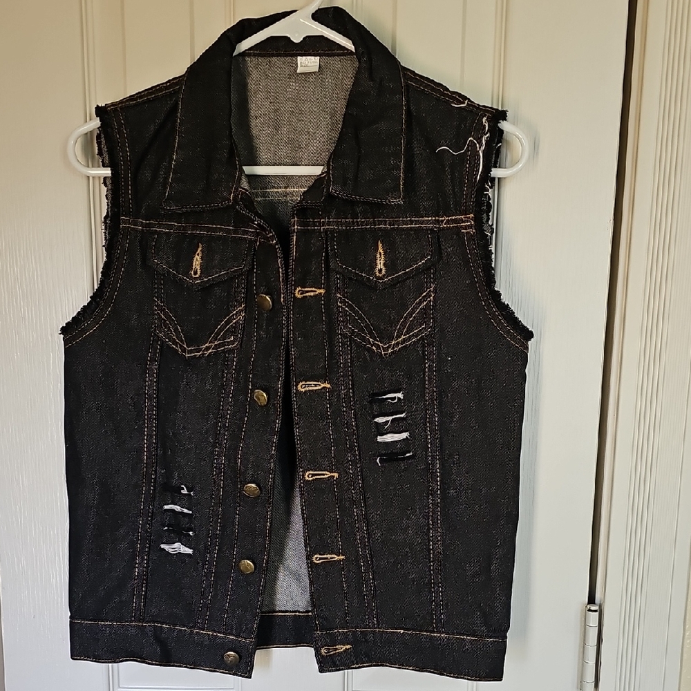 Black Distressed Sleeveless Denim Vest